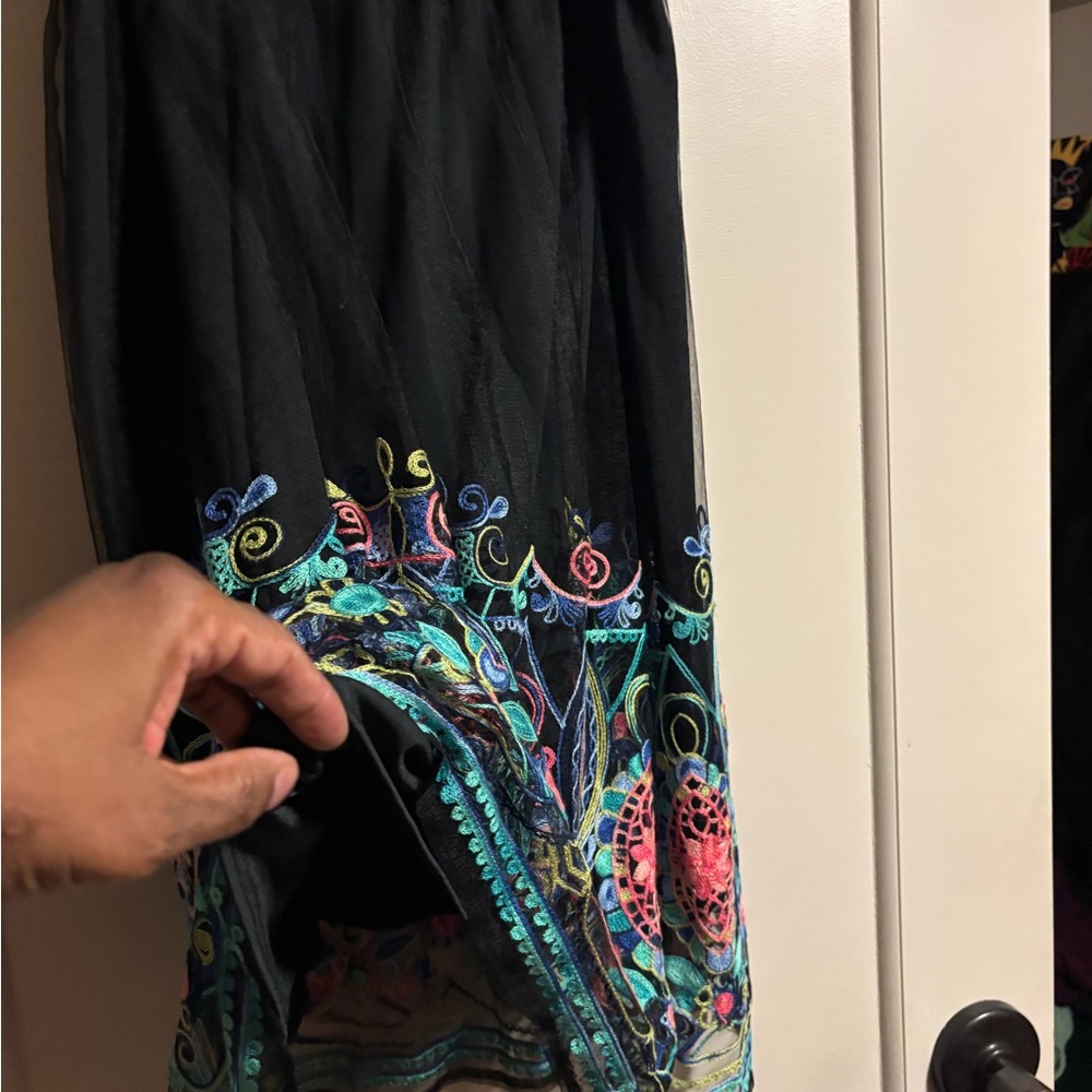 Black Embroidered Maxi Skirt with Multicolor Floral Border - Picture 2 of 4